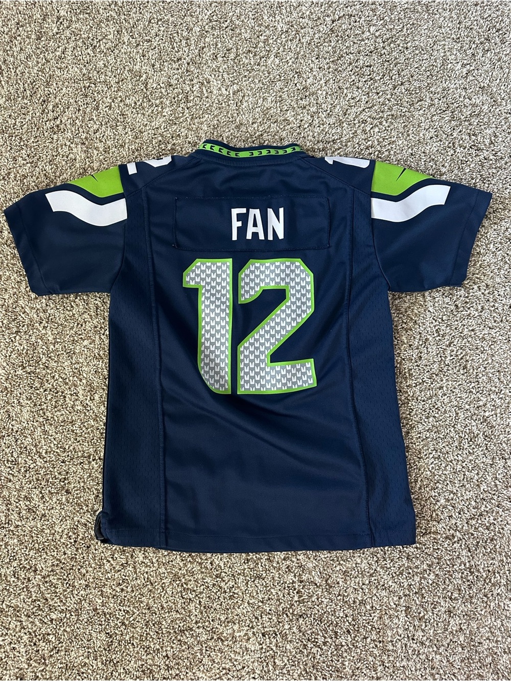 NFL Kids Navy and Lime Seahawks #12 Football Jersey - Picture 4 of 5